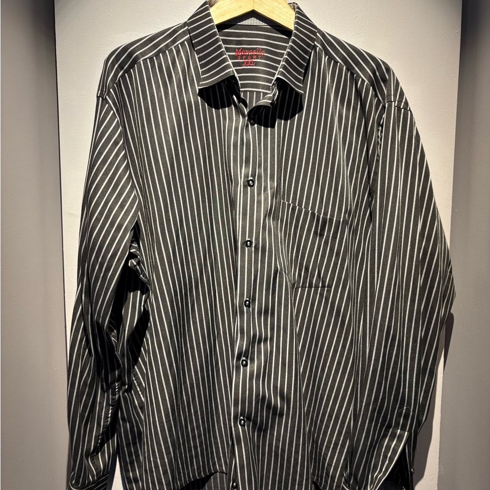 Men's Black and White Striped Button-Down Shirt